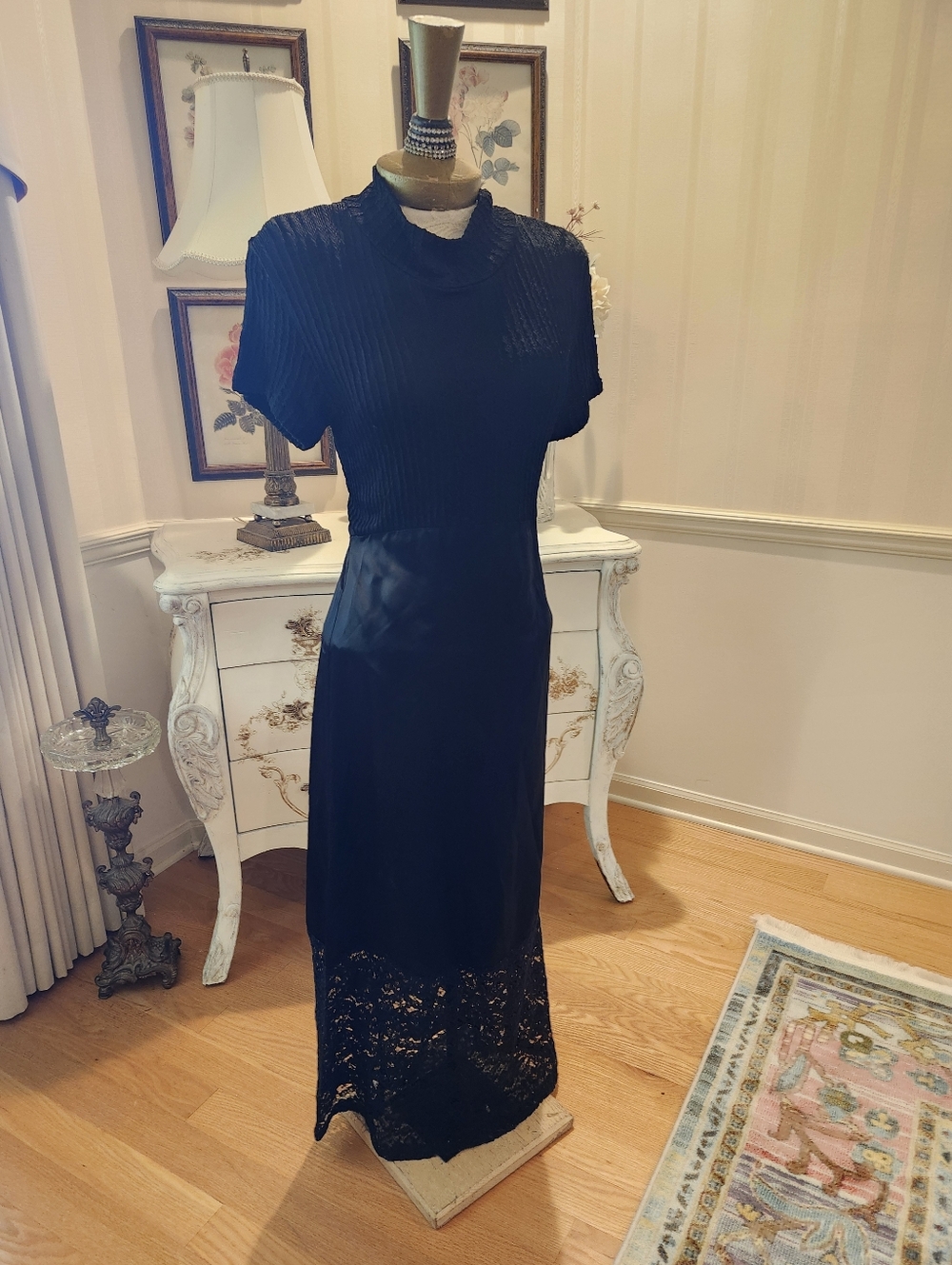 Vintage Rare Patrica Woods Filly & Colt Gothic Black Lace, Satin & Knit Dress M